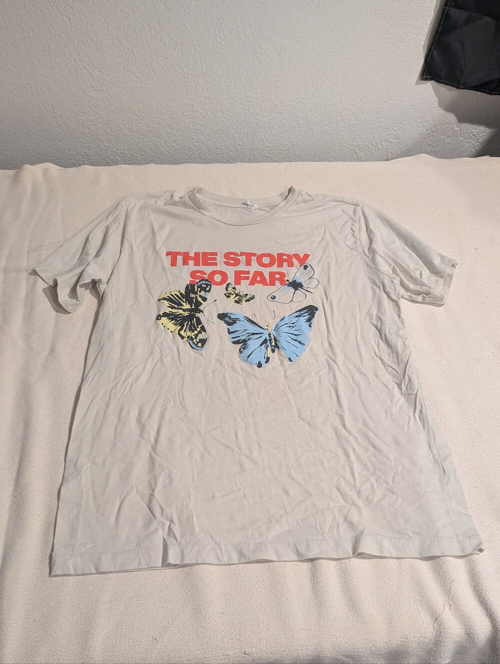 The Story So Far Butterfly Graphic Tee - Cream with Blue & Yellow Butterflies